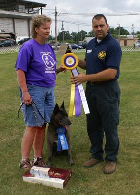 Dutch Shepherd "Rush" being awarded HIGH-in-TRIAL at 2006 UKC Premier
