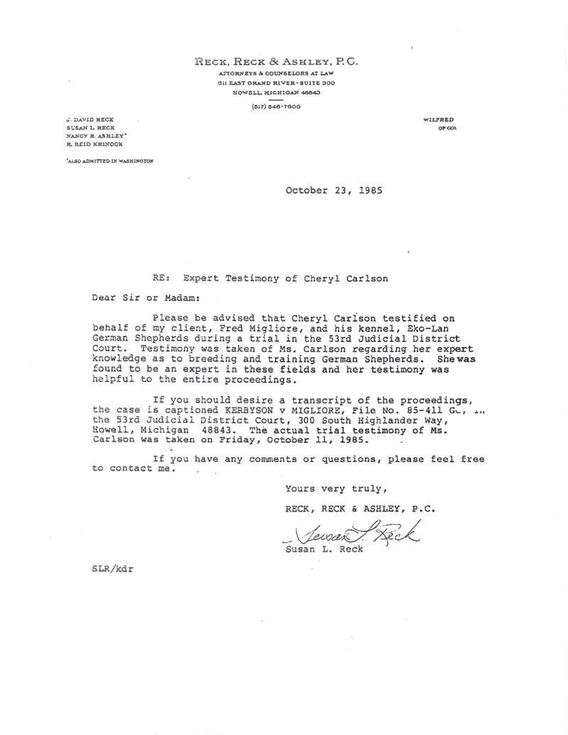 Expert Witness Cheryl Carlson testimony in Kerbyson v Migliore, 10/11/1985