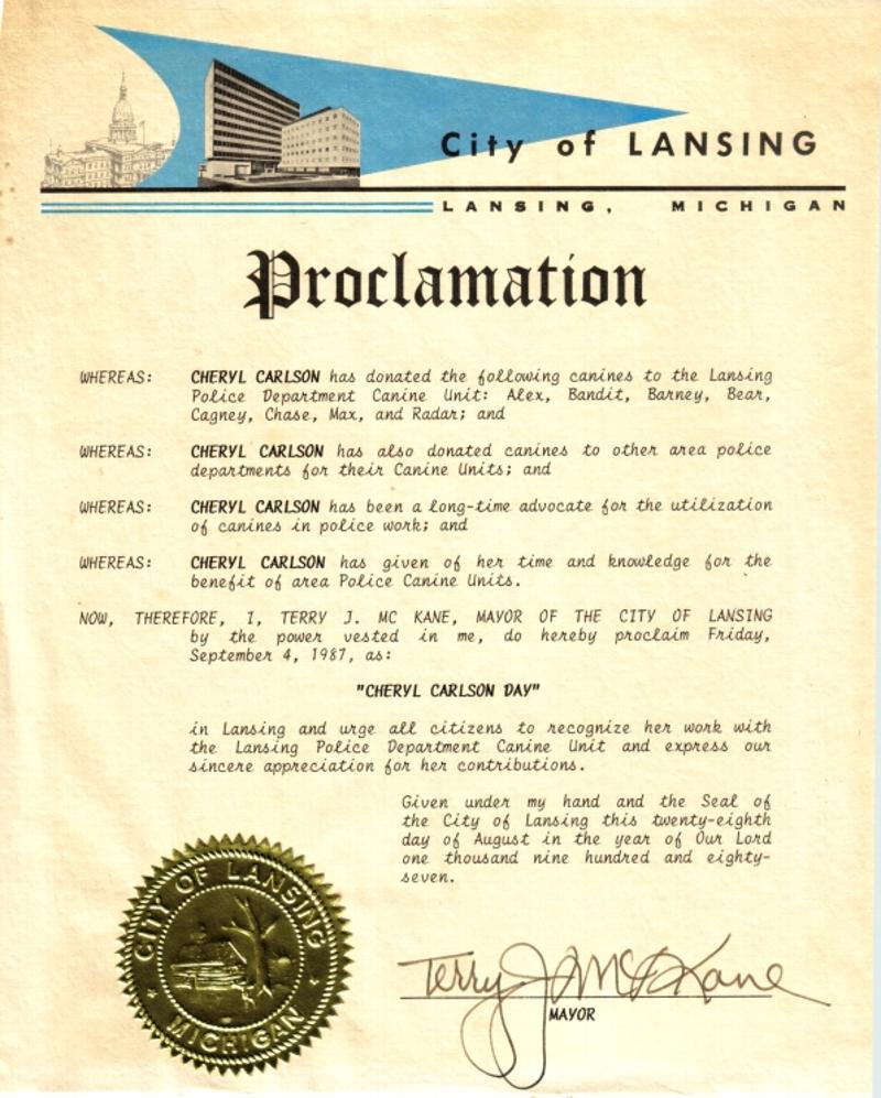 Proclamation of Cheryl Carlson Day in Lansing, Michigan on September 4, 1987
